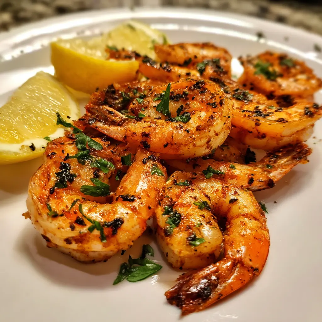 Delicious air fryer shrimp perfectly cooked and garnished with lemon and herbs on a white plate.