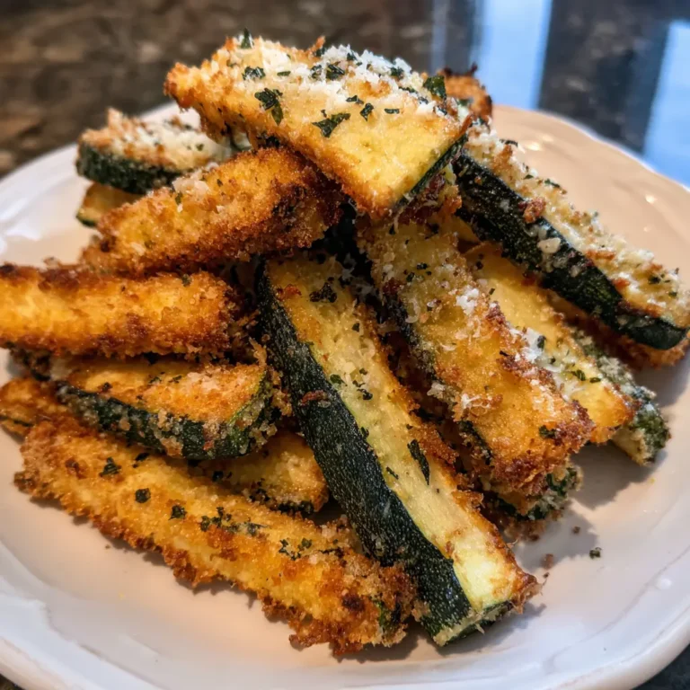 Golden-brown air fryer zucchini fries with Parmesan and herbs on a light plate.