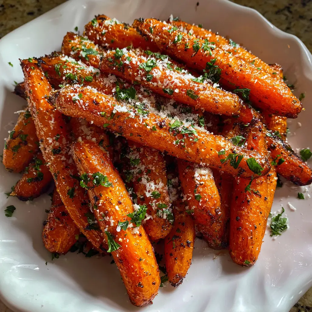 Close-up of perfectly roasted air fryer carrots, topped with Parmesan and fresh herbs on a white dish.