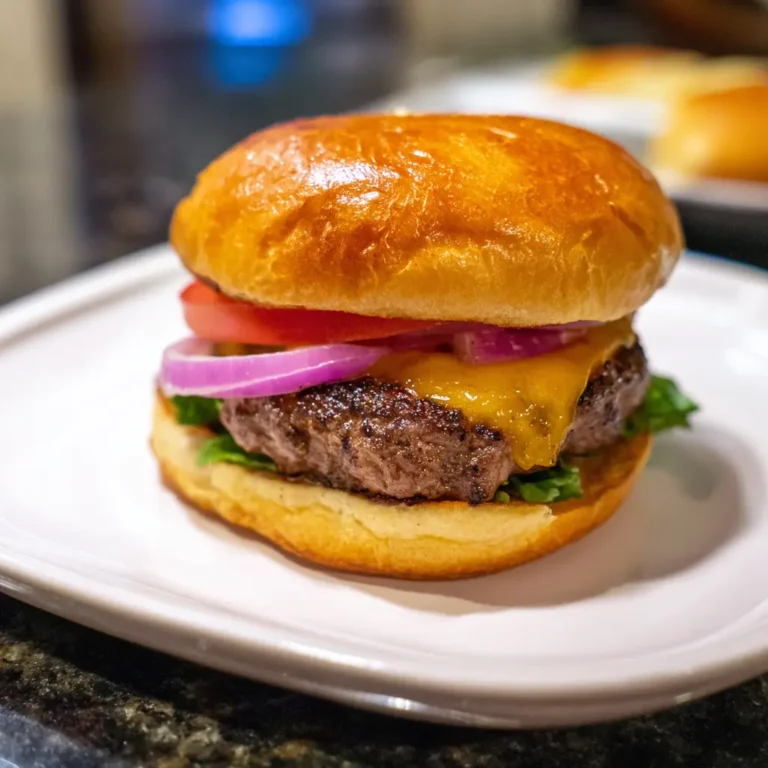 Mouth-watering air fryer burgers with melted cheese, fresh tomato, red onion, and crisp lettuce on a glossy brioche bun.