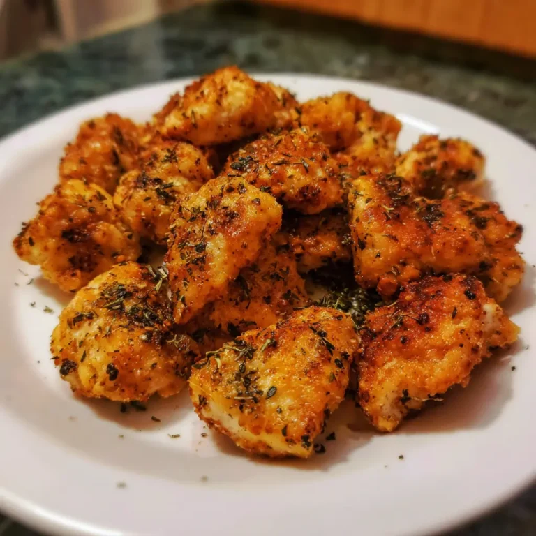 Close-up of golden-brown air fryer chicken bites seasoned with herbs and spices on a white plate.