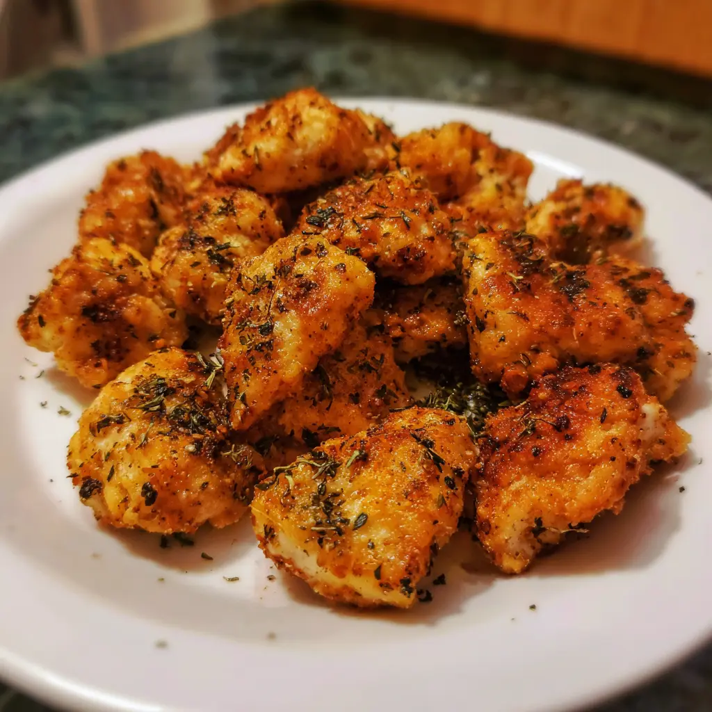 Close-up of golden-brown air fryer chicken bites seasoned with herbs and spices on a white plate.