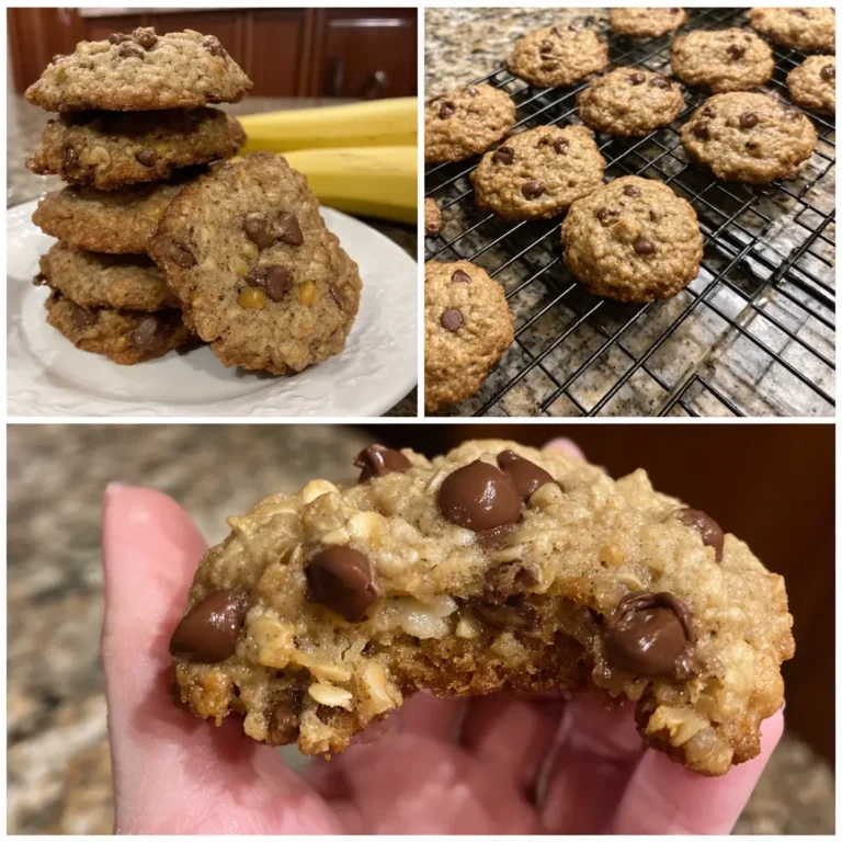 A delightful collage showcasing homemade banana oatmeal cookies with chocolate chips, from cooling on a rack to a perfect stack, and a close-up of a bitten cookie revealing its soft interior.
