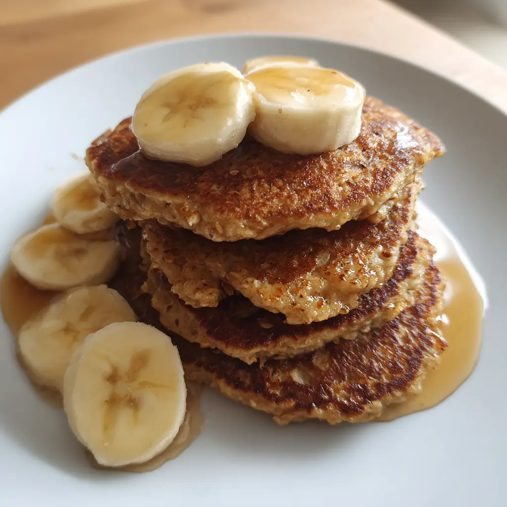 A delicious stack of golden banana oatmeal pancakes topped with fresh banana slices and glistening syrup on a white plate.
