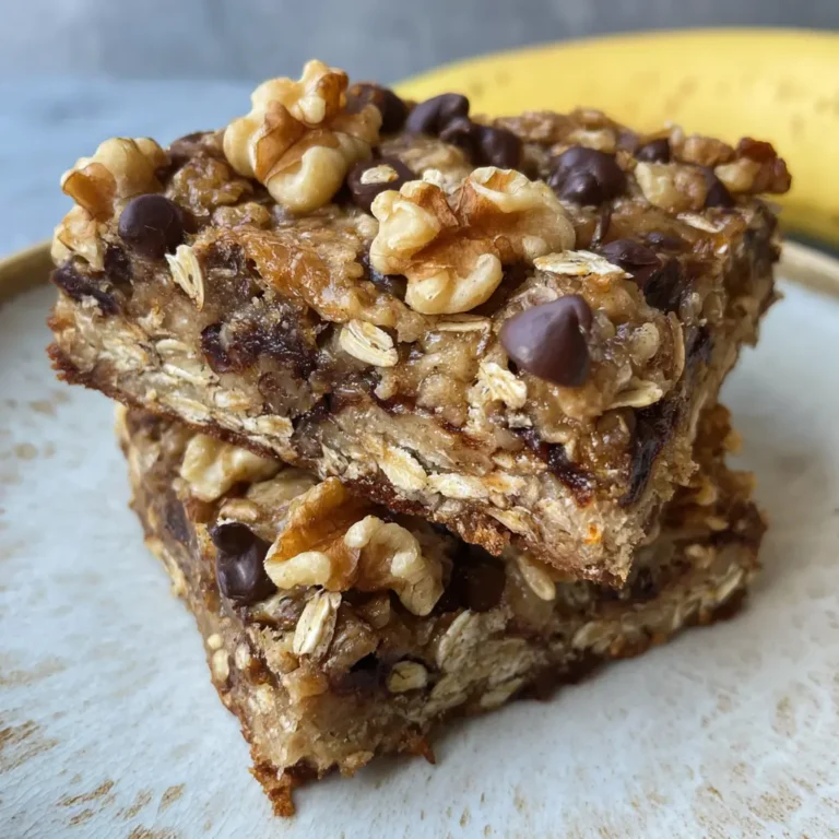 Close-up of two stacked, homemade banana oatmeal bars featuring oats, walnuts, and chocolate chips, with a ripe banana in the blurred background.