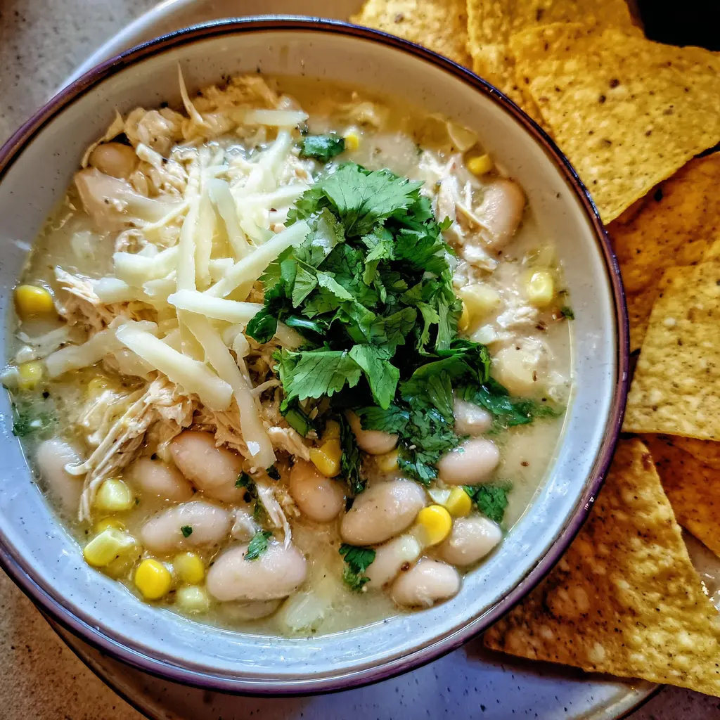 Overhead view of a creamy white chicken chili recipe, garnished with cheese and cilantro, served with tortilla chips.