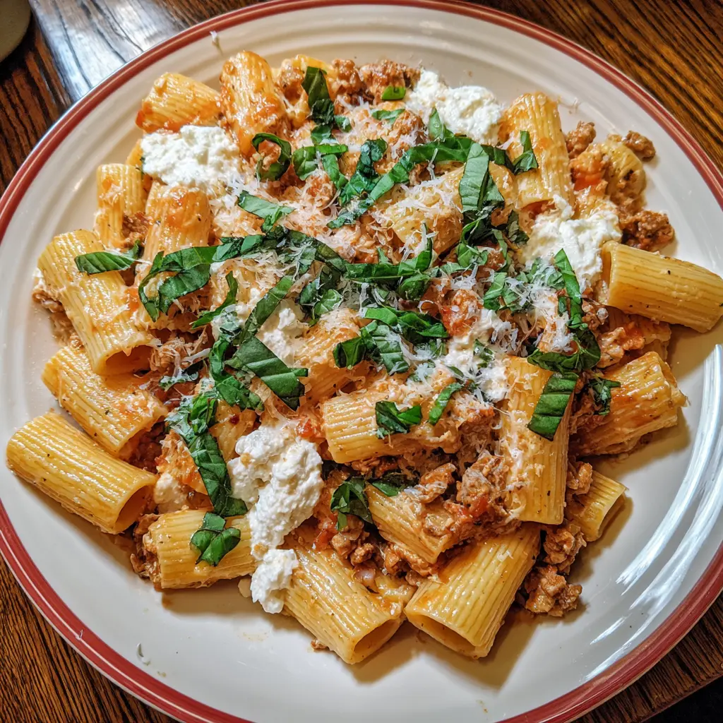 Close-up of rigatoni pasta with a hearty meat sauce, creamy cottage cheese, grated cheese, and fresh basil, highlighting a delicious Protein-Packed Cottage Cheese Pasta dish.