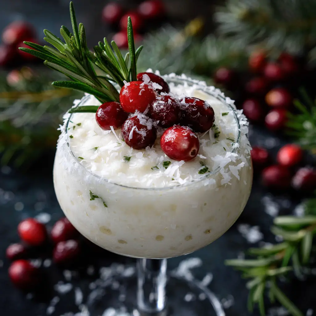 A beautifully garnished white Christmas margarita, perfect for the holidays, featuring cranberries and rosemary. This is a delicious white christmas margarita recipe.