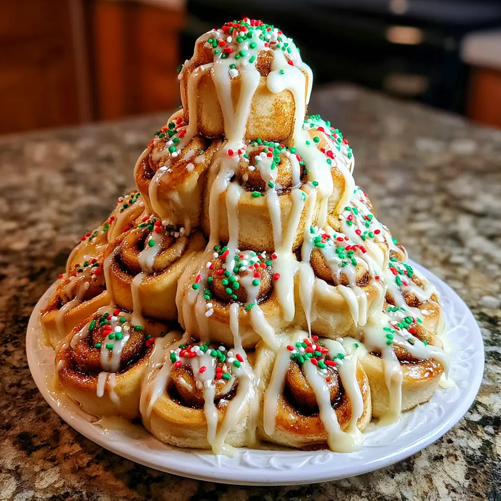 A festive cinnamon roll Christmas tree, beautifully iced and adorned with holiday sprinkles, perfect for a special occasion, showcasing a delicious cinnamon roll Christmas tree recipe.
