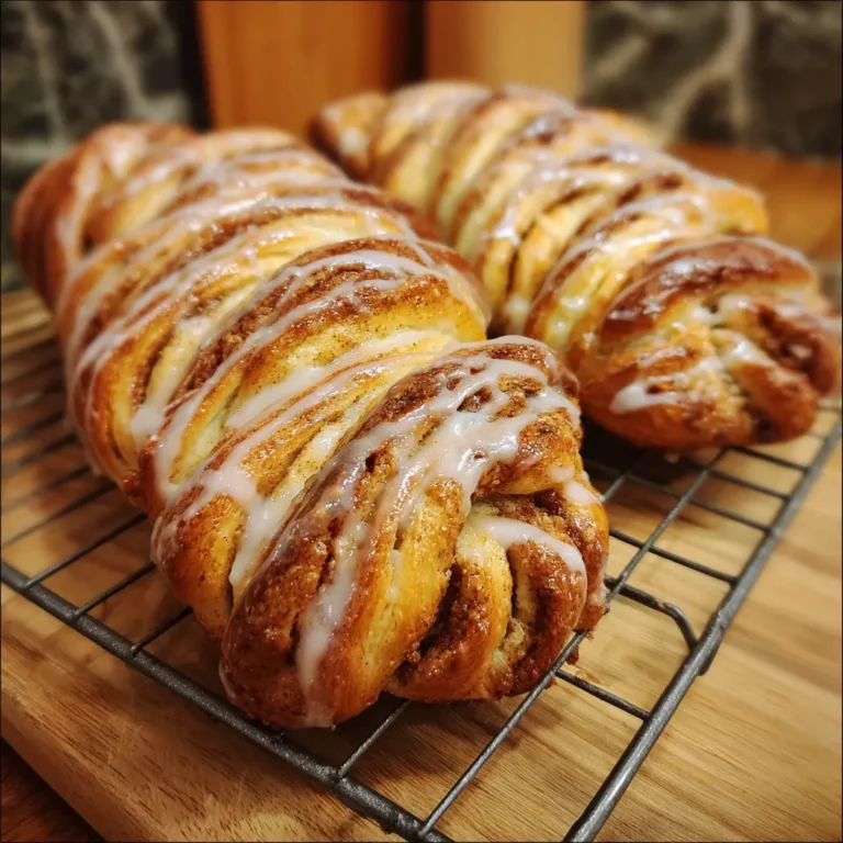 Close-up of freshly baked, glazed cinnamon star bread pastries on a cooling rack, showcasing a delicious cinnamon star bread recipe.