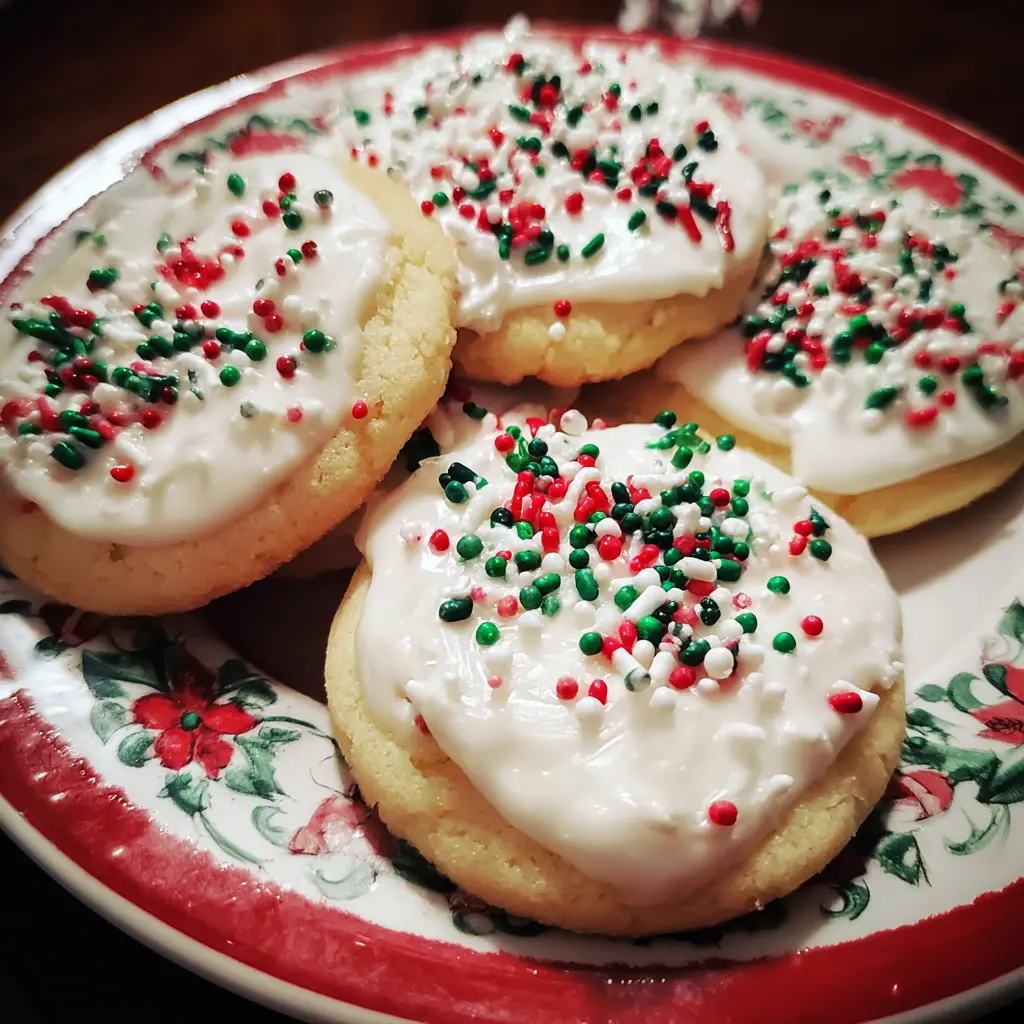 Festive cream cheese Christmas cookies on a holiday plate, frosted white with red and green sprinkles, perfect for a homemade recipe.
