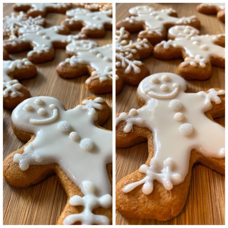 Diptych showing festive gingerbread cookies expertly decorated with white glossy icing, perfect for any gingerbread icing recipe.