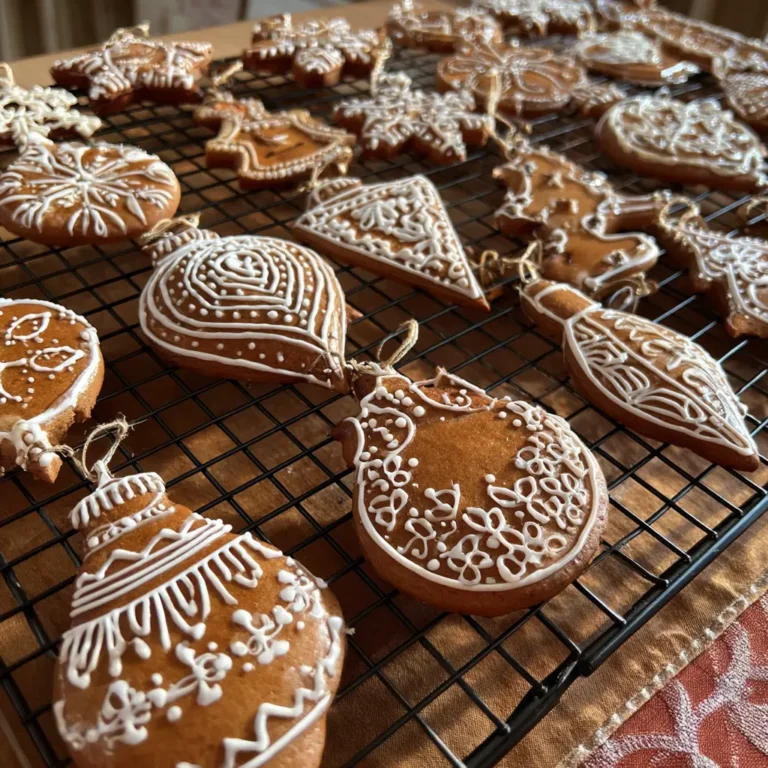 Close-up of intricately decorated gingerbread cookies shaped as Christmas ornaments on a cooling rack, perfect for a gingerbread ornament recipe.