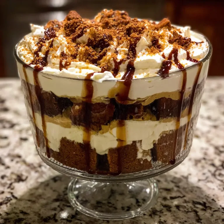 A close-up view of a magnificent, layered gingerbread trifle recipe in a clear glass bowl, topped with whipped cream, gingerbread crumbs, and caramel drizzle.