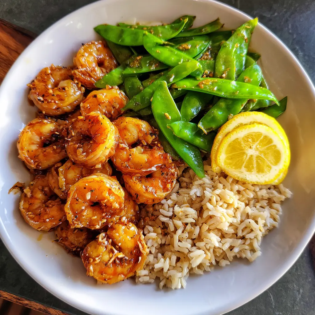 A close-up of a perfectly plated Honey Garlic High-Protein Shrimp Meal Prep in a white bowl, featuring glossy shrimp, vibrant sugar snap peas, and brown rice, garnished with lemon slices.