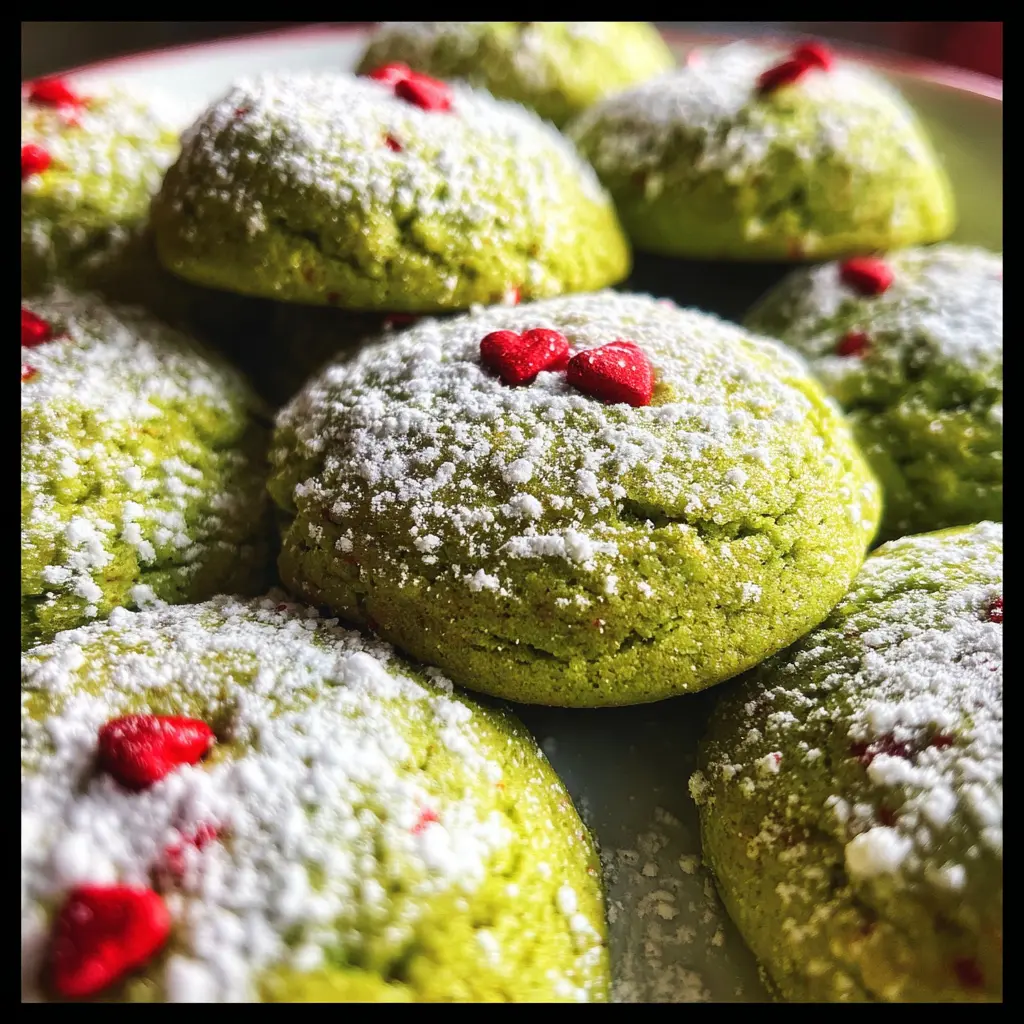 Vibrant green Grinch Christmas cookies with powdered sugar and heart sprinkles, perfect for a grinch christmas cookie recipe.