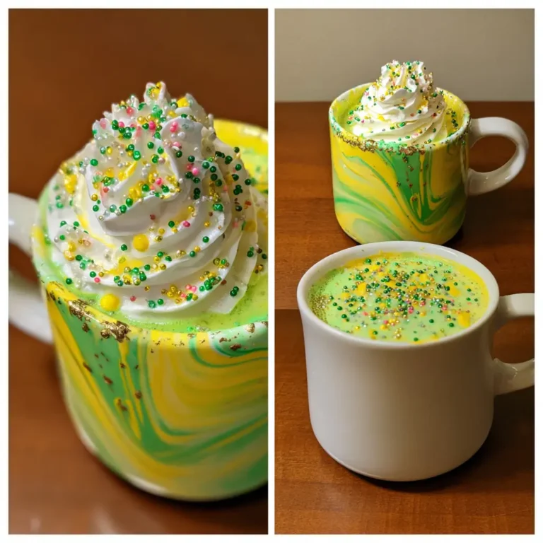Festive Grinch hot chocolate recipe with green whipped cream, colorful sprinkles, and gold leaf in marbled and white mugs on a wooden surface.
