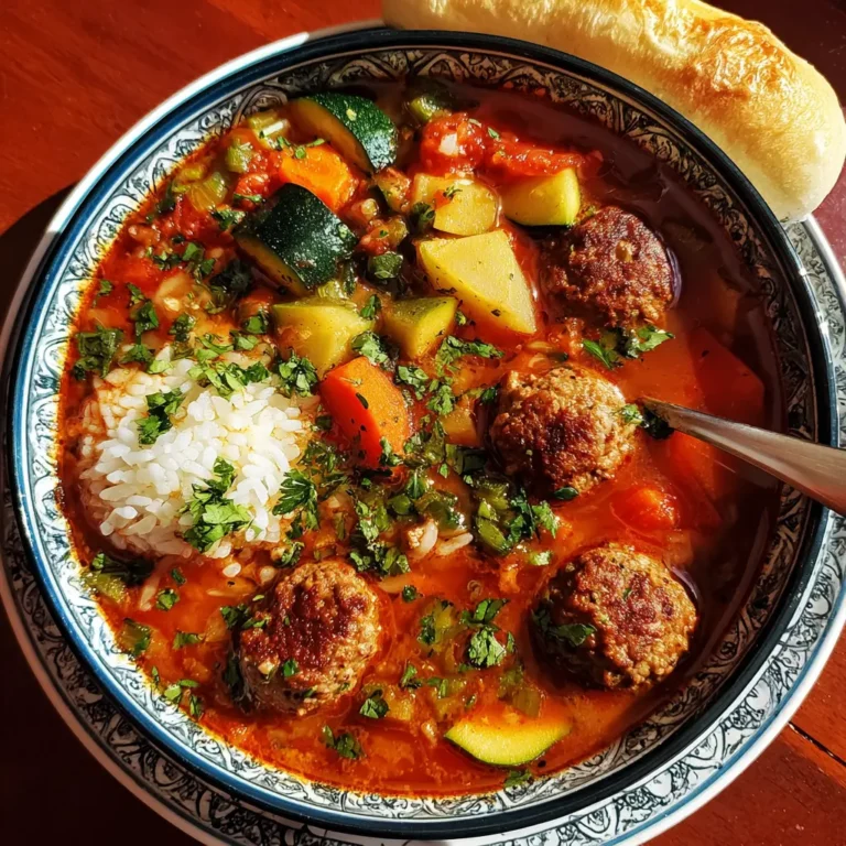 Close-up of a hearty albondigas soup recipe, featuring meatballs, rice, vegetables, and fresh herbs on a wooden table with crusty bread.