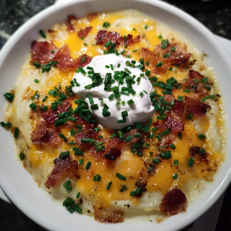 A hearty baked potato soup recipe, loaded with melted cheddar cheese, crispy bacon, sour cream, and fresh chives, served in a white bowl.