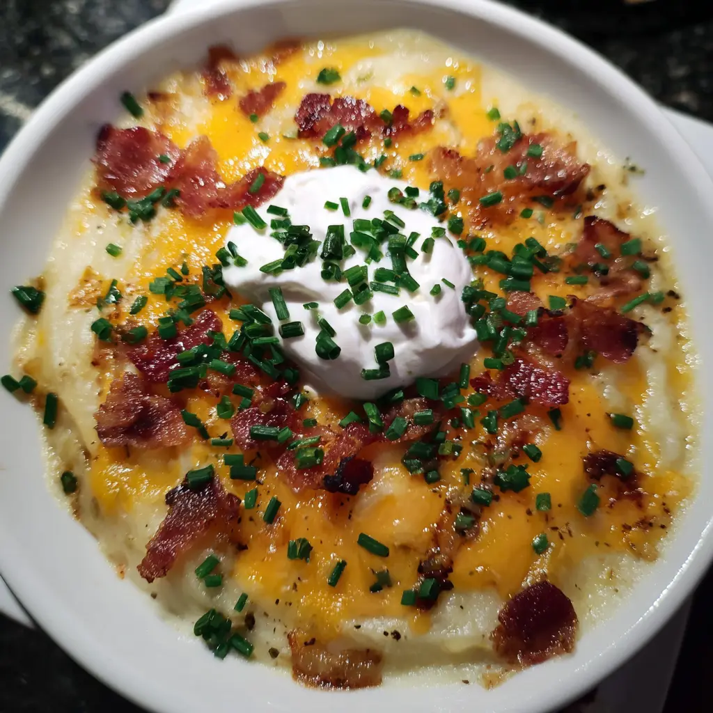 A hearty baked potato soup recipe, loaded with melted cheddar cheese, crispy bacon, sour cream, and fresh chives, served in a white bowl.