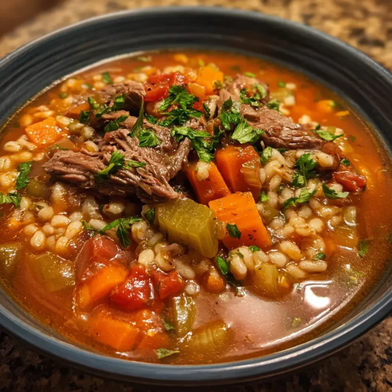 A hearty bowl of rustic beef barley soup, garnished with fresh herbs, perfect for a warming beef barley soup recipe.