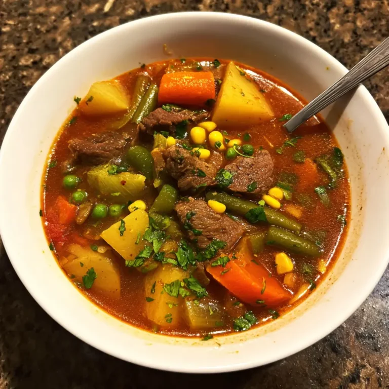 A close-up, top-down view of a hearty bowl of beef vegetable soup, brimming with tender beef, chunky potatoes, vibrant carrots, green beans, corn, and peas, garnished with fresh parsley.