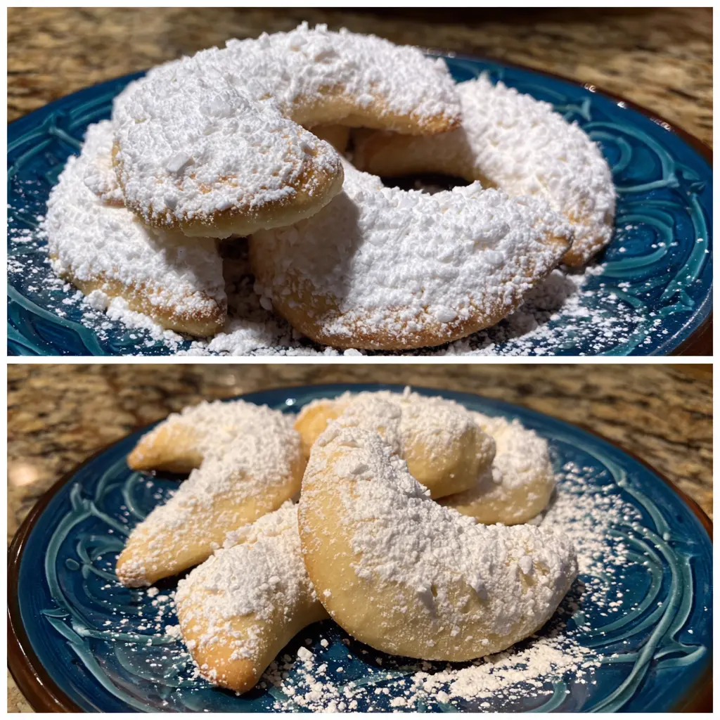 Freshly baked, sugar-dusted crescent cookies from a Christmas Vanillekipferl recipe on a dark blue plate.