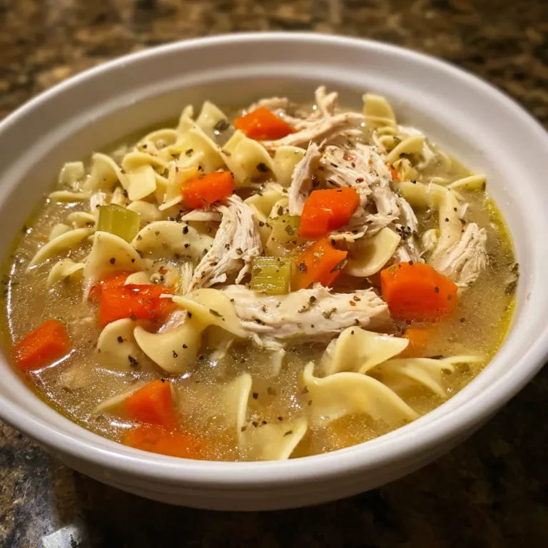 A hearty bowl of homemade chicken noodle soup, showcasing the best chicken noodle soup recipe with rich broth, tender chicken, and vibrant vegetables.