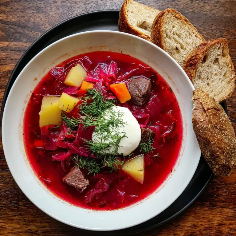 Vibrant borscht soup recipe served with rustic bread on a wooden table.