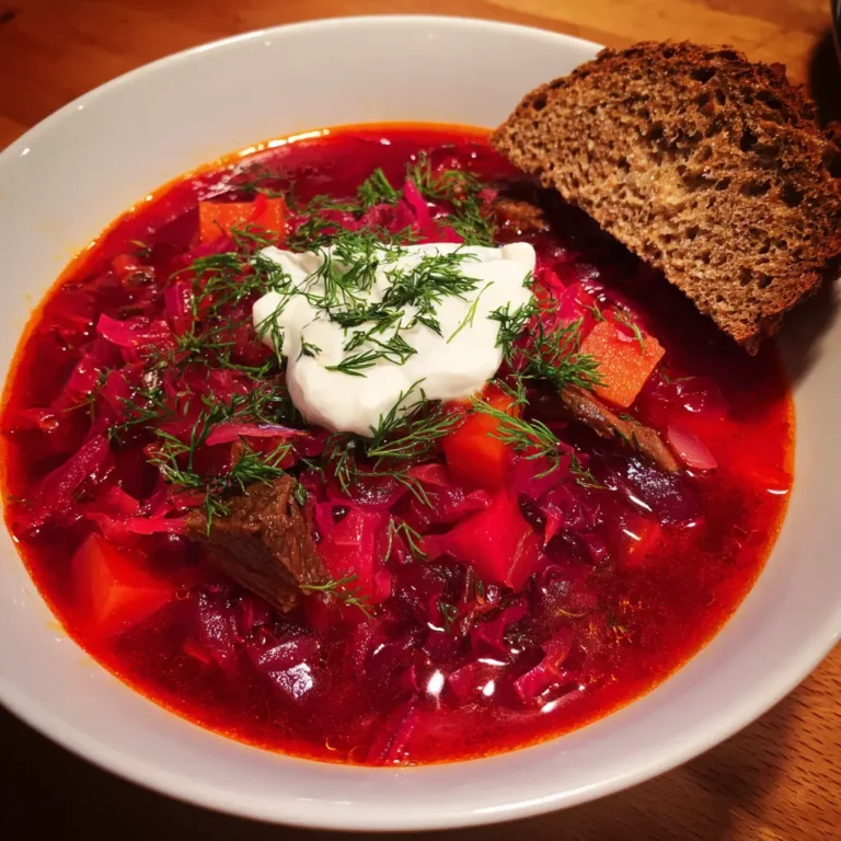 A vibrant bowl of traditional borscht soup, garnished with sour cream and fresh dill, perfect for a hearty borscht soup recipe.
