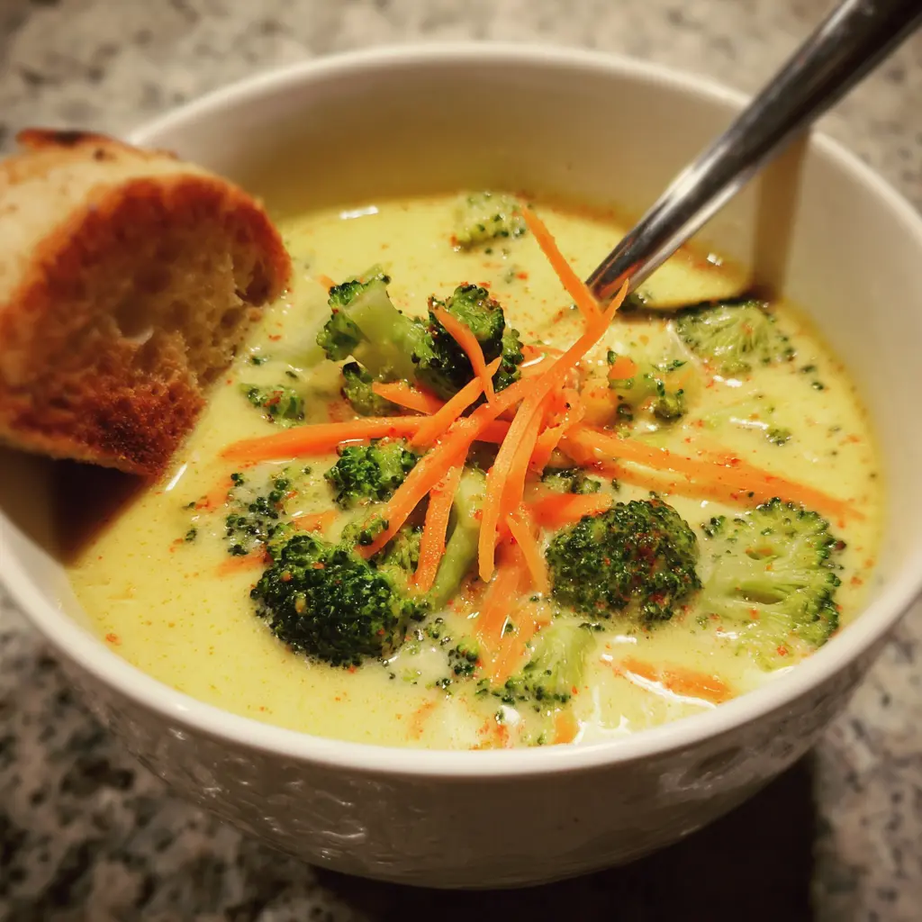 A comforting bowl of creamy broccoli cheddar soup with vibrant broccoli florets and rustic bread, showcasing a delicious broccoli cheddar soup recipe.