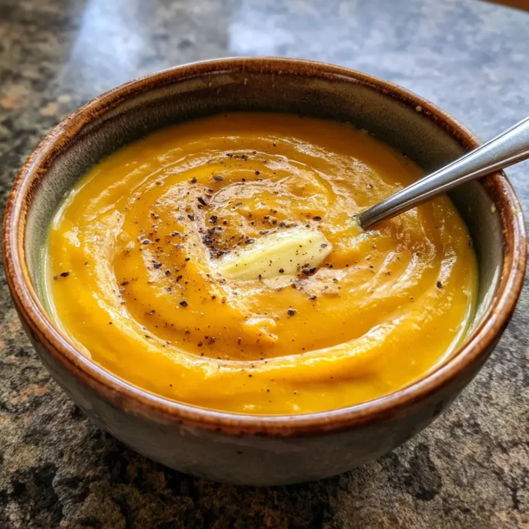 Close-up of a creamy, vibrant butternut squash soup recipe in a rustic bowl with melting butter and black pepper.