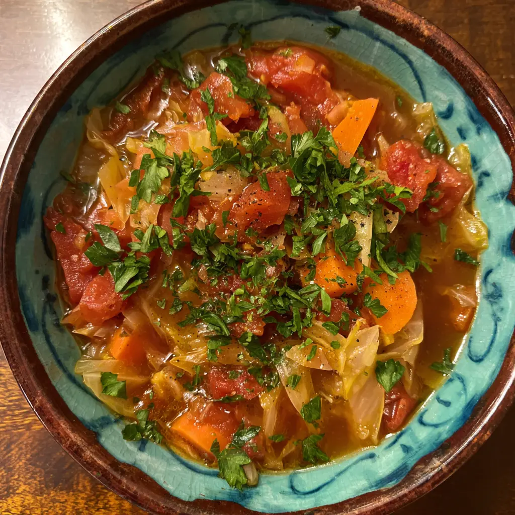 Vibrant, hearty cabbage soup recipe in a rustic teal bowl, topped with fresh herbs.