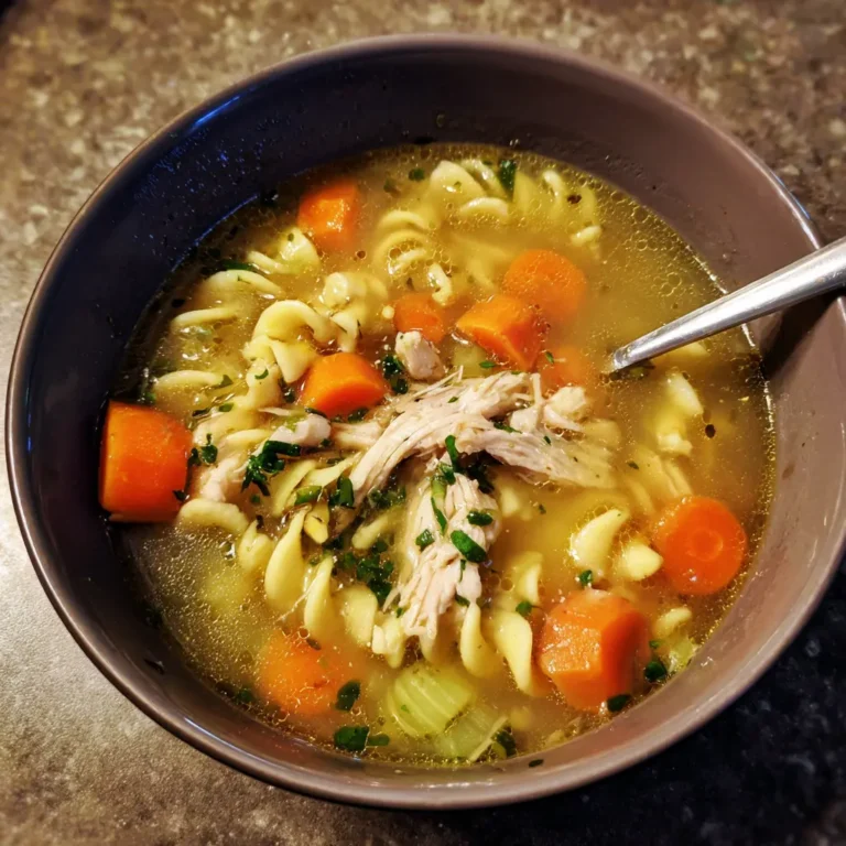 A comforting close-up of a homemade chicken noodle soup, showcasing a delicious chicken noodle soup recipe.