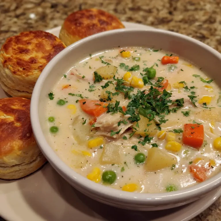 Hearty chicken pot pie soup recipe with shredded chicken, vegetables, and flaky biscuits.