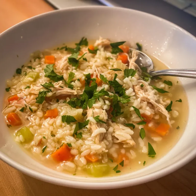 Warm, homemade chicken rice soup recipe with shredded chicken, rice, carrots, celery, and fresh herbs in a white bowl on a wooden surface.