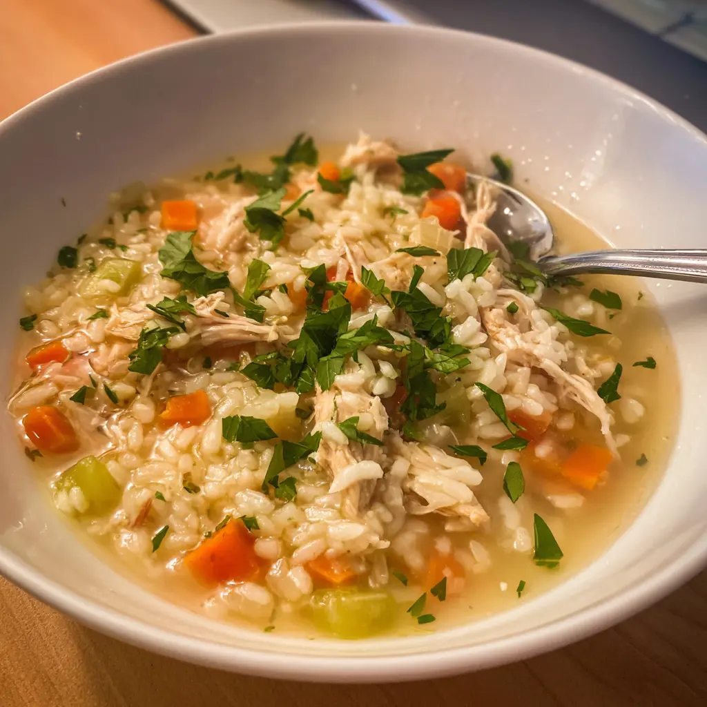 Warm, homemade chicken rice soup recipe with shredded chicken, rice, carrots, celery, and fresh herbs in a white bowl on a wooden surface.