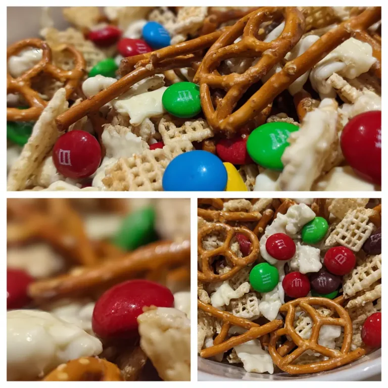 A vibrant close-up of a festive christmas trail mix recipe featuring red and green M&M's, pretzels, white chocolate-covered snacks, and cereal pieces.