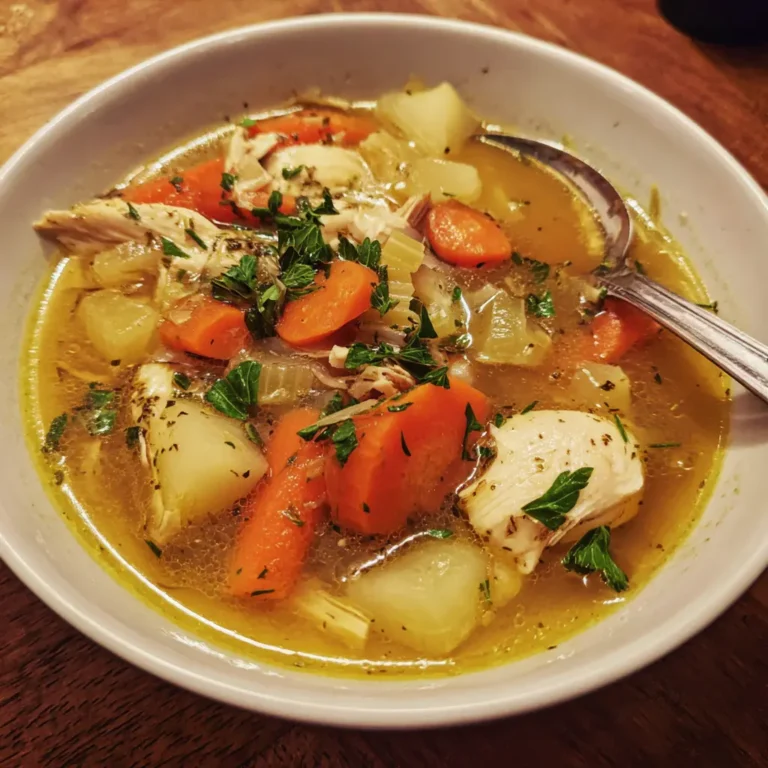 Close-up of a hearty homemade chicken soup recipe with chicken, vegetables, and fresh parsley.