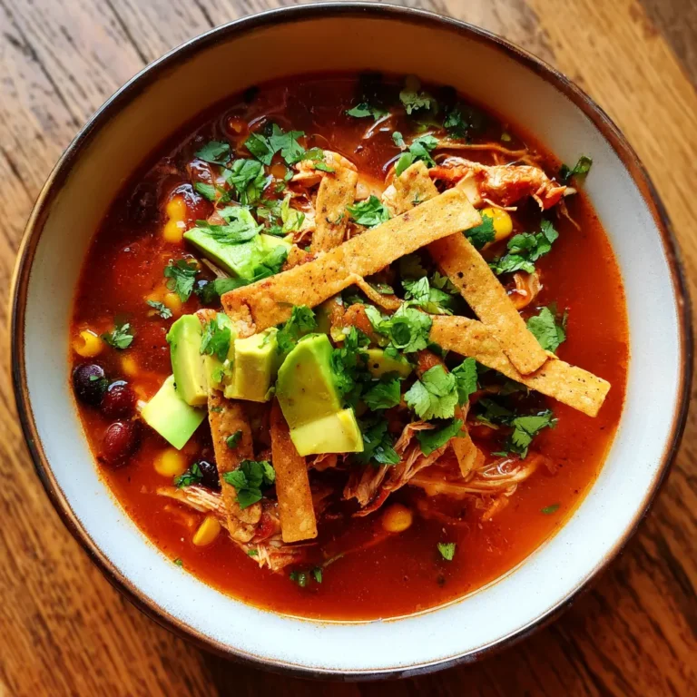 Vibrant bowl of homemade chicken tortilla soup, garnished with avocado, crispy tortilla strips, and fresh cilantro, highlighting a delicious chicken tortilla soup recipe.