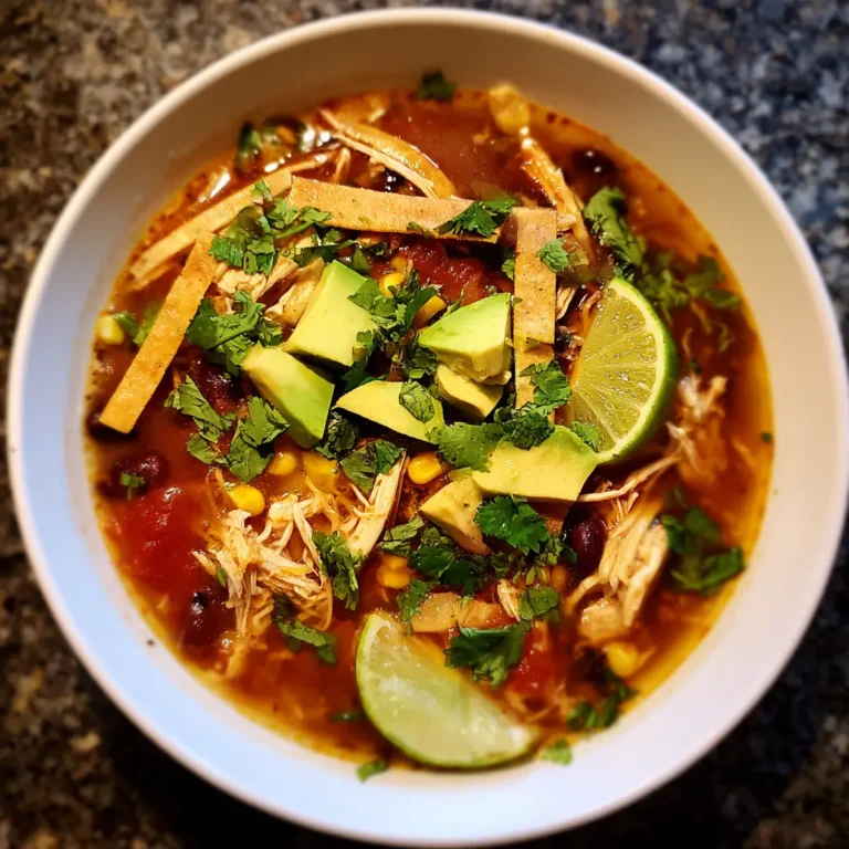 Hearty bowl of chicken tortilla soup recipe, garnished with avocado, cilantro, and crispy tortilla strips on a dark countertop.