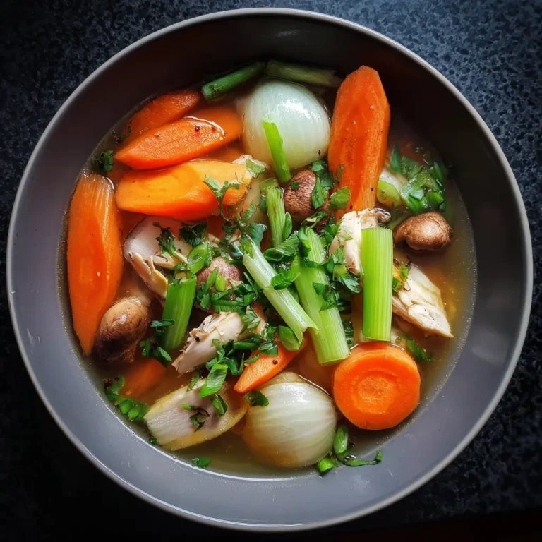 Vibrant chicken and vegetable clear soup recipe in a dark bowl, featuring carrots, onions, celery, mushrooms, and fresh herbs, seen from above.