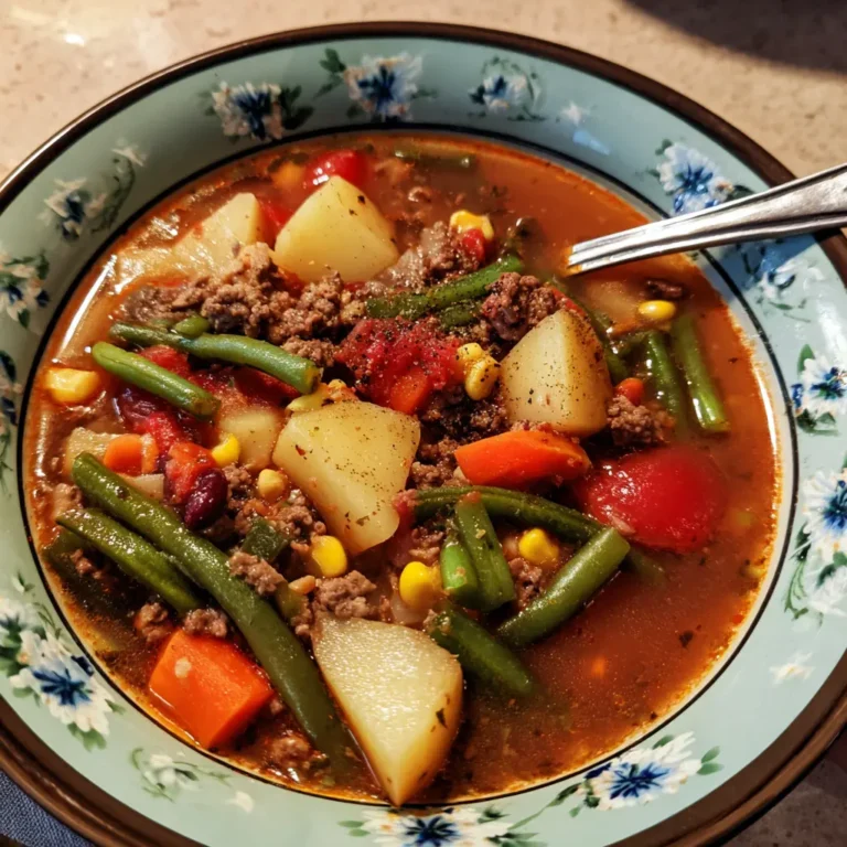 A hearty cowboy soup recipe with ground beef, potatoes, and mixed vegetables in a decorative floral bowl.