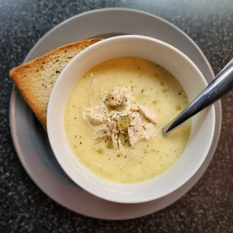 A comforting bowl of homemade cream of chicken soup, garnished with shredded chicken, herbs, and black pepper, served with golden-brown toast, perfect for a classic cream of chicken soup recipe.