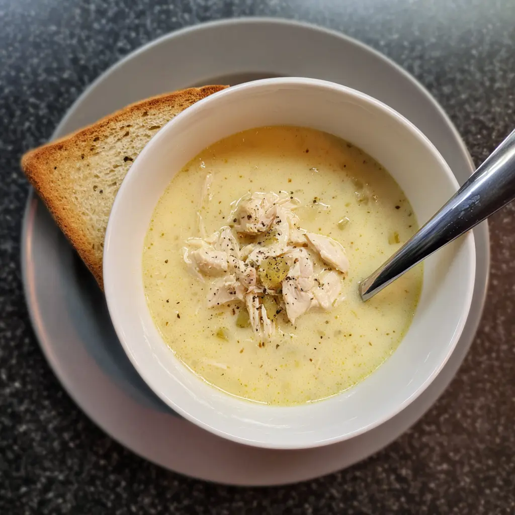 A comforting bowl of homemade cream of chicken soup, garnished with shredded chicken, herbs, and black pepper, served with golden-brown toast, perfect for a classic cream of chicken soup recipe.