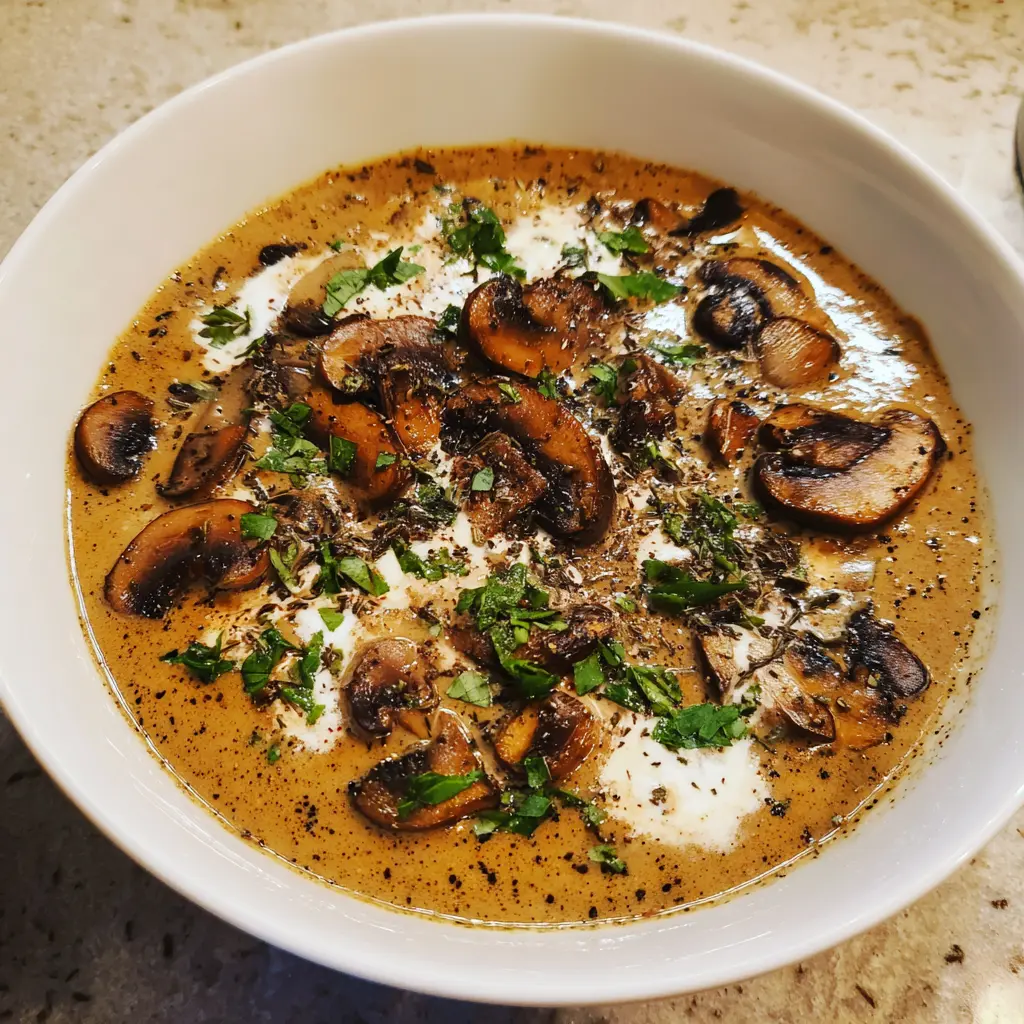 A top-down view of a creamy cream of mushroom soup recipe, garnished with seared mushrooms, fresh herbs, and cream swirls in a white bowl.