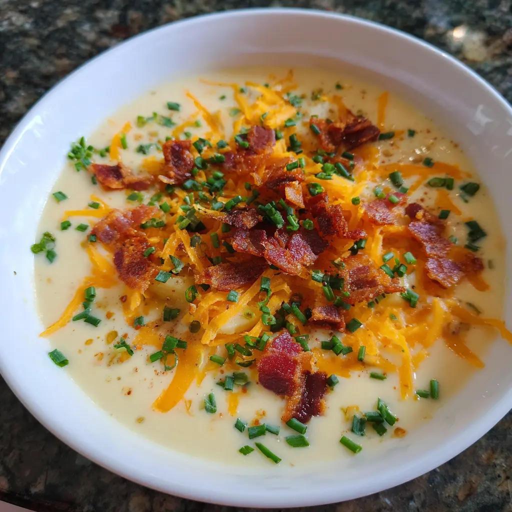 Hearty bowl of creamy potato soup recipe topped with crispy bacon, shredded cheddar, and fresh chives.
