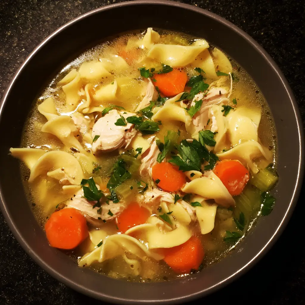 A comforting bowl of chicken noodle soup with shredded chicken, noodles, and vegetables, garnished with fresh parsley, highlighting a delicious crock pot chicken soup recipe.