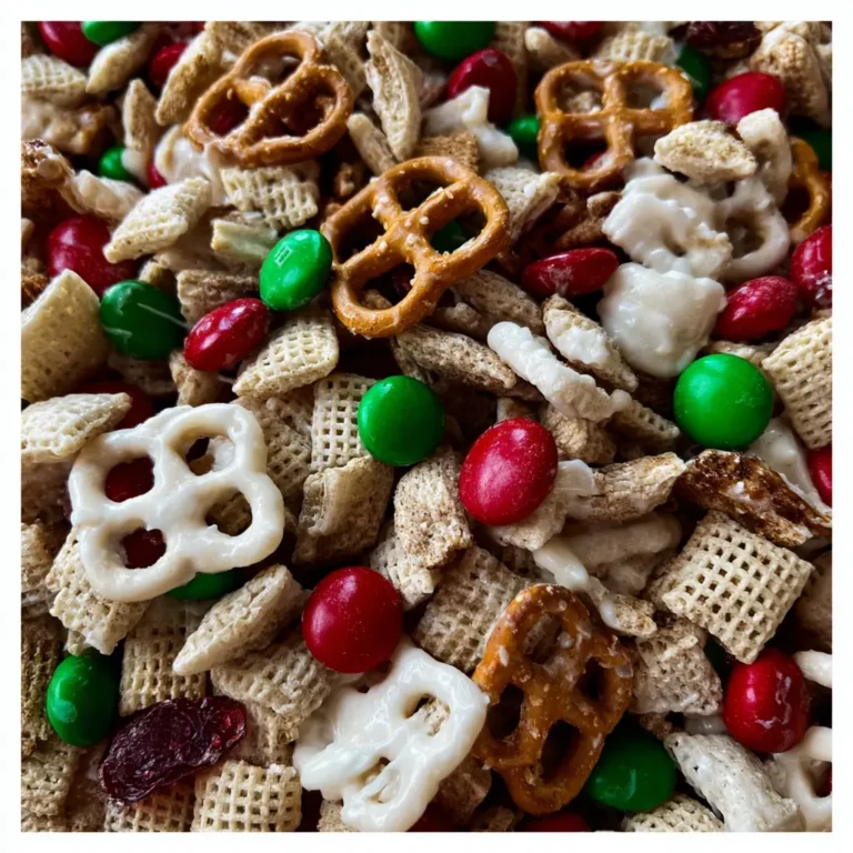 A close-up of a festive and colorful christmas trash recipe mix, featuring Chex cereal, white chocolate-covered pretzels, red and green M&M's, and dried cranberries.