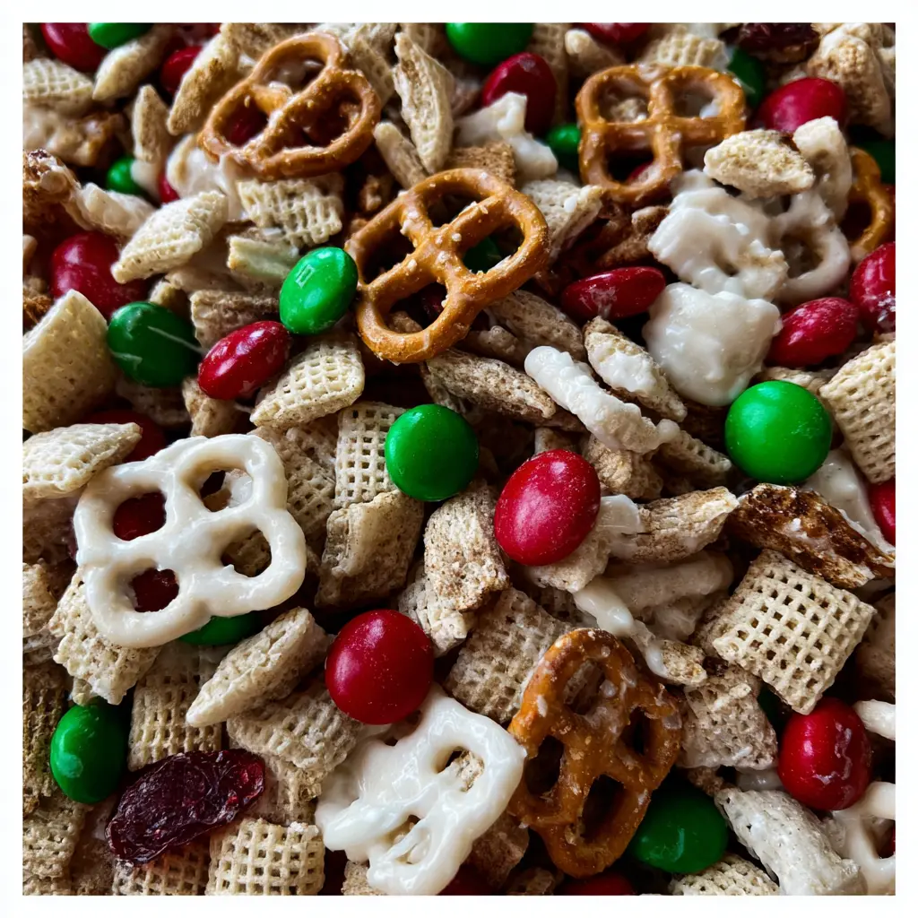A close-up of a festive and colorful christmas trash recipe mix, featuring Chex cereal, white chocolate-covered pretzels, red and green M&M's, and dried cranberries.